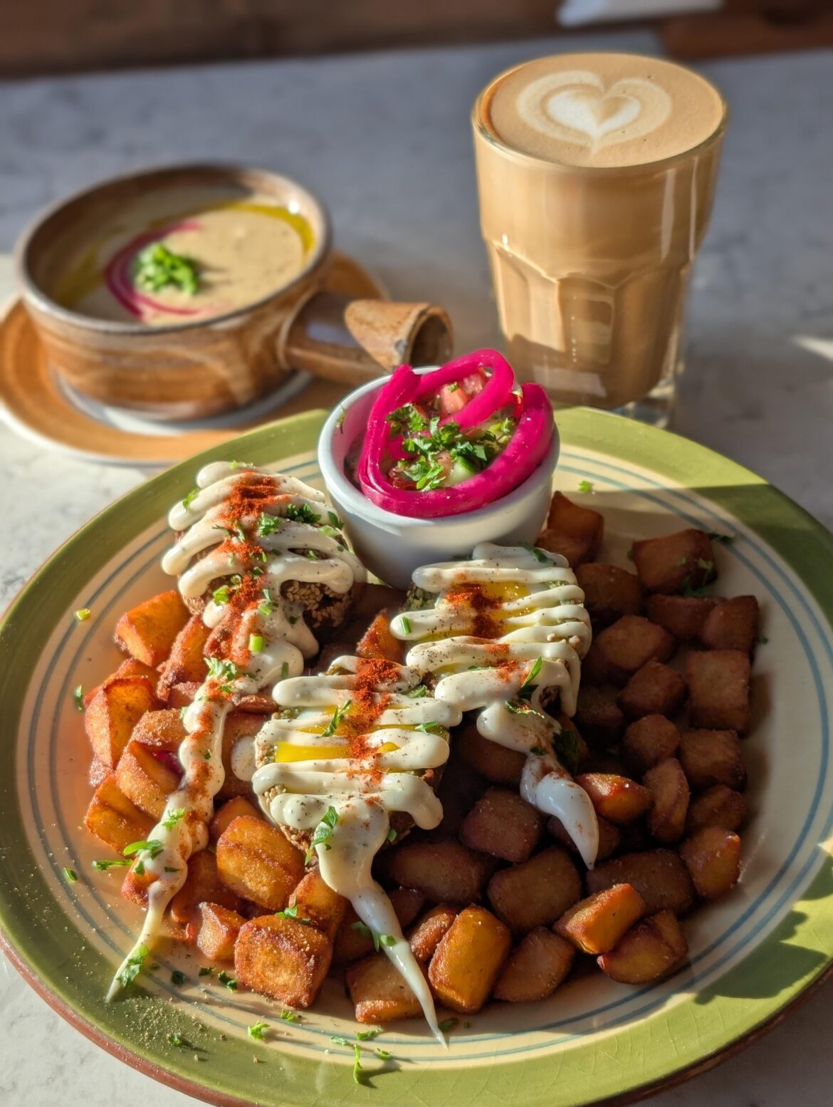 Maha's Egyptian Falafel( Egg)s with a side of lentil soup and a cardamon latte