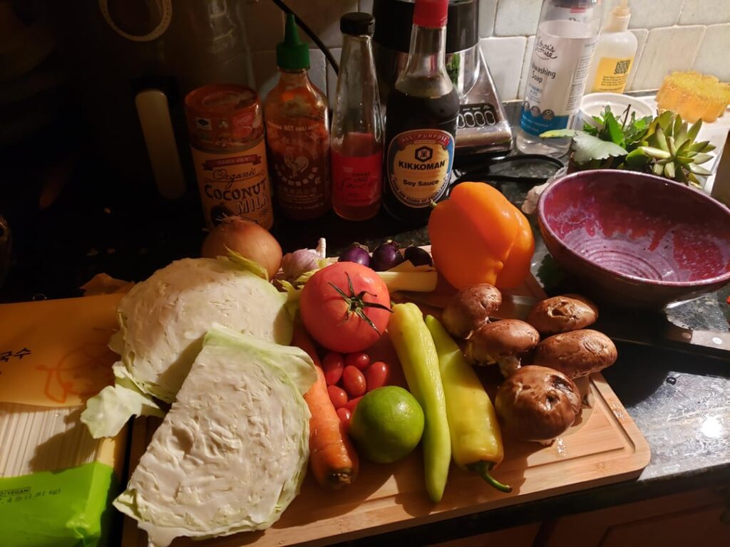 Thai curry udon with cabbage, mushrooms, and soy curls