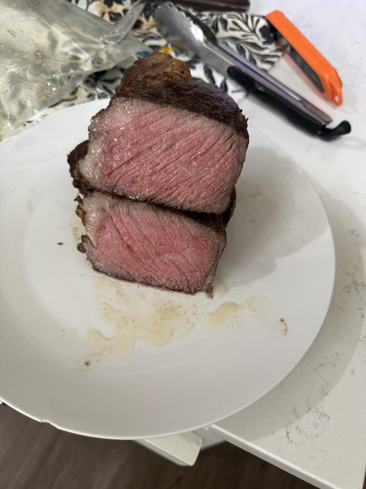 3:30 @ 137 from frozen. Finished in pan and butter basted.