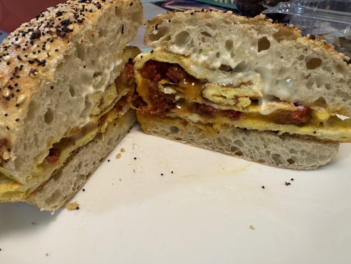 Chorizo, Egg, Cheddar, on Ciabatta