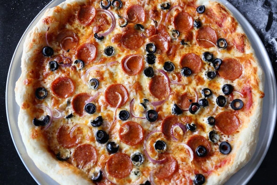 Homemade Pepperoni Red Onion & Black Olive Pizza