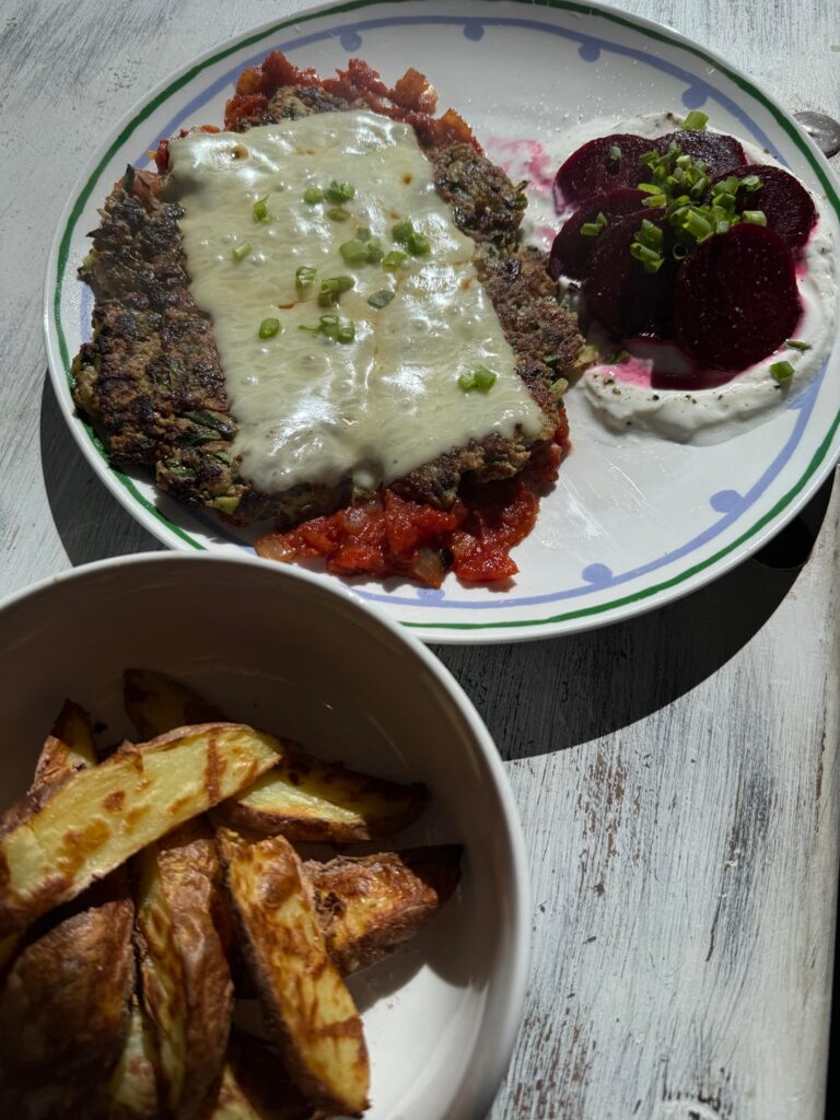 Turkey ‘schnitzel’ with tomato sauce, potato wedges, beetroot & yoghurt.. Turkey ‘schnitzel’ with tomato sauce, potato wedges, beetroot & yoghurt..