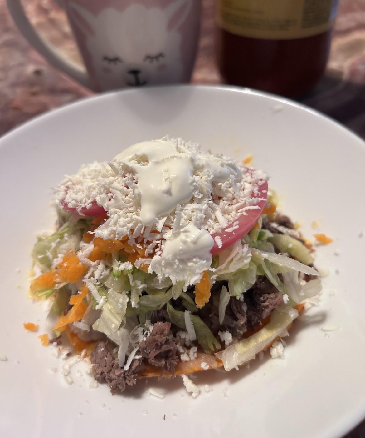 Shredded meat tostada with consomé