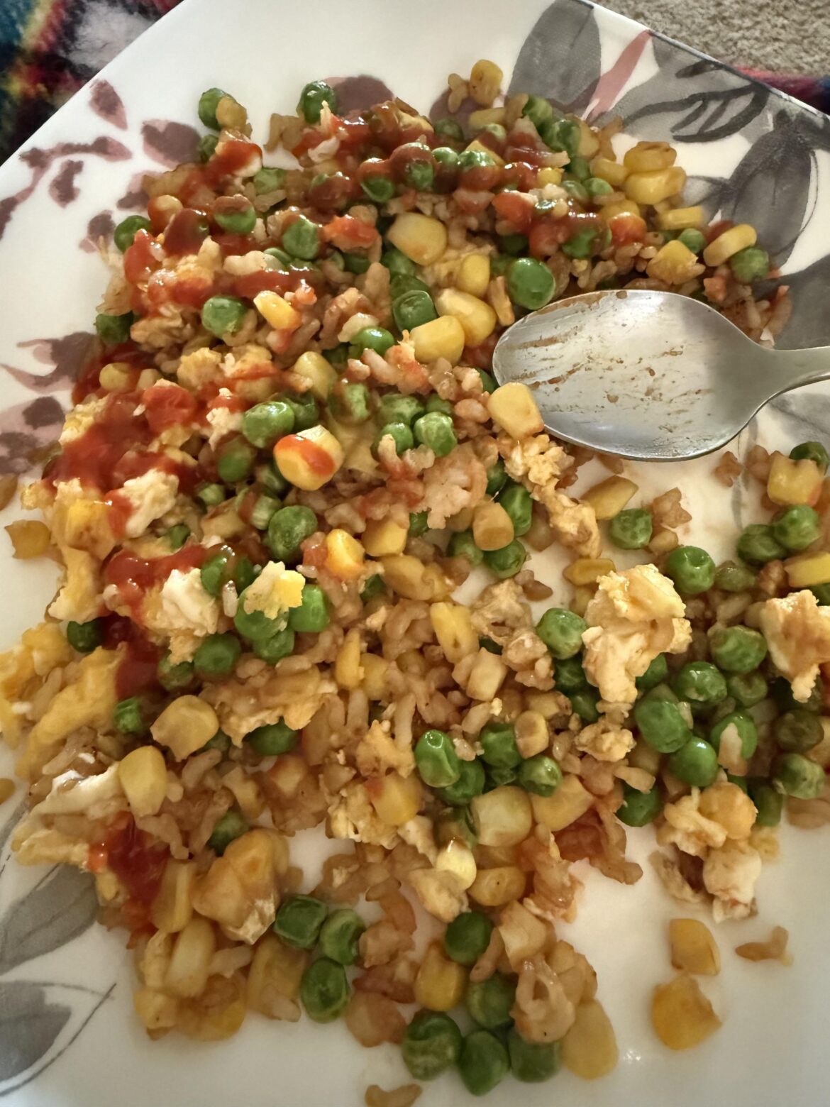 Super easy volume meal- egg fried rice with lots of frozen corn and peas