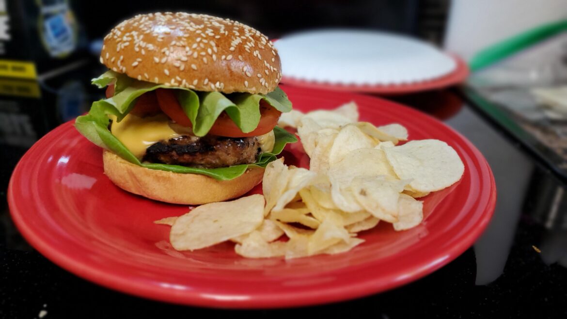 Traditional burger made at home with a side of potato chips.
