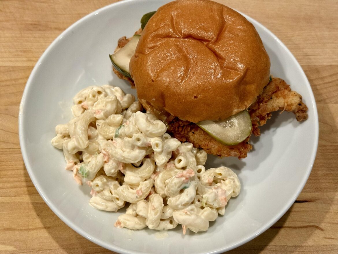 Crispy Fried Chicken Sandwiches and Hawaiian Macaroni Salad