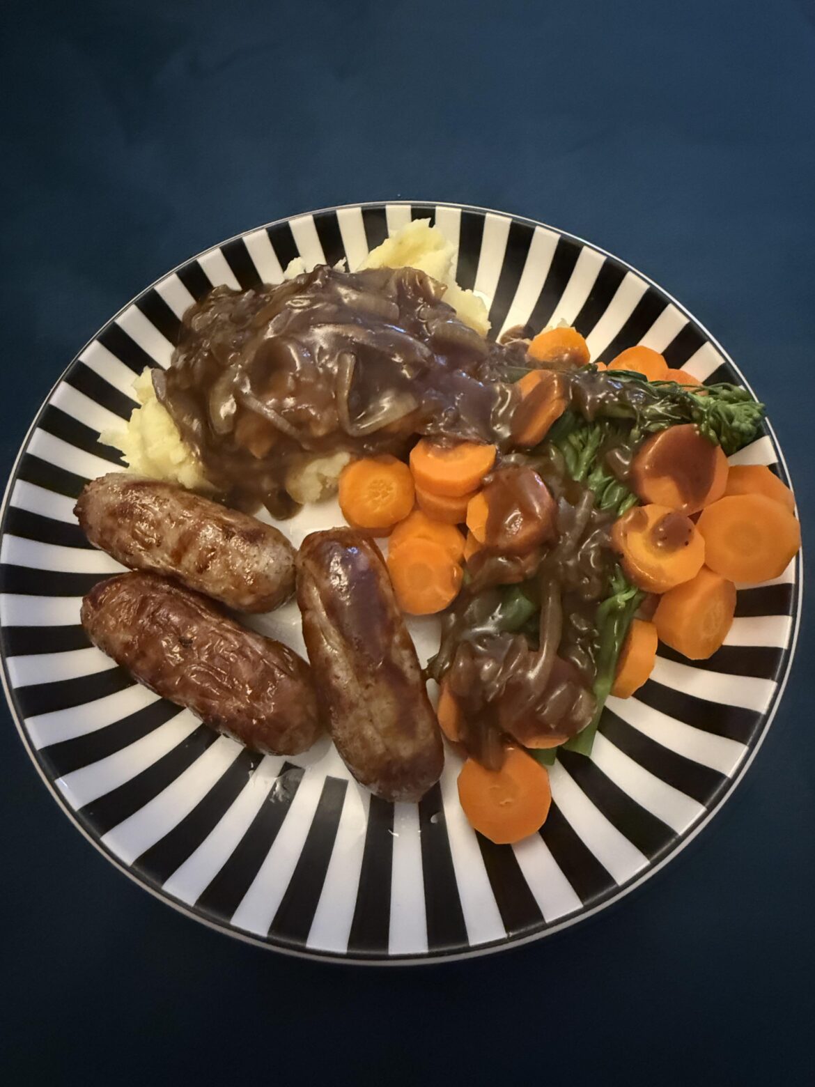 Bangers, mash, onion gravy and veg