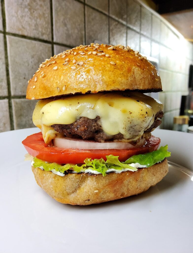 A homemade sourdough whole spelt cheeseburger