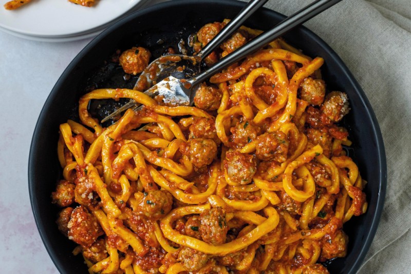 Chef Scott Conant Maccheroni with Polpettine in a white bowl.