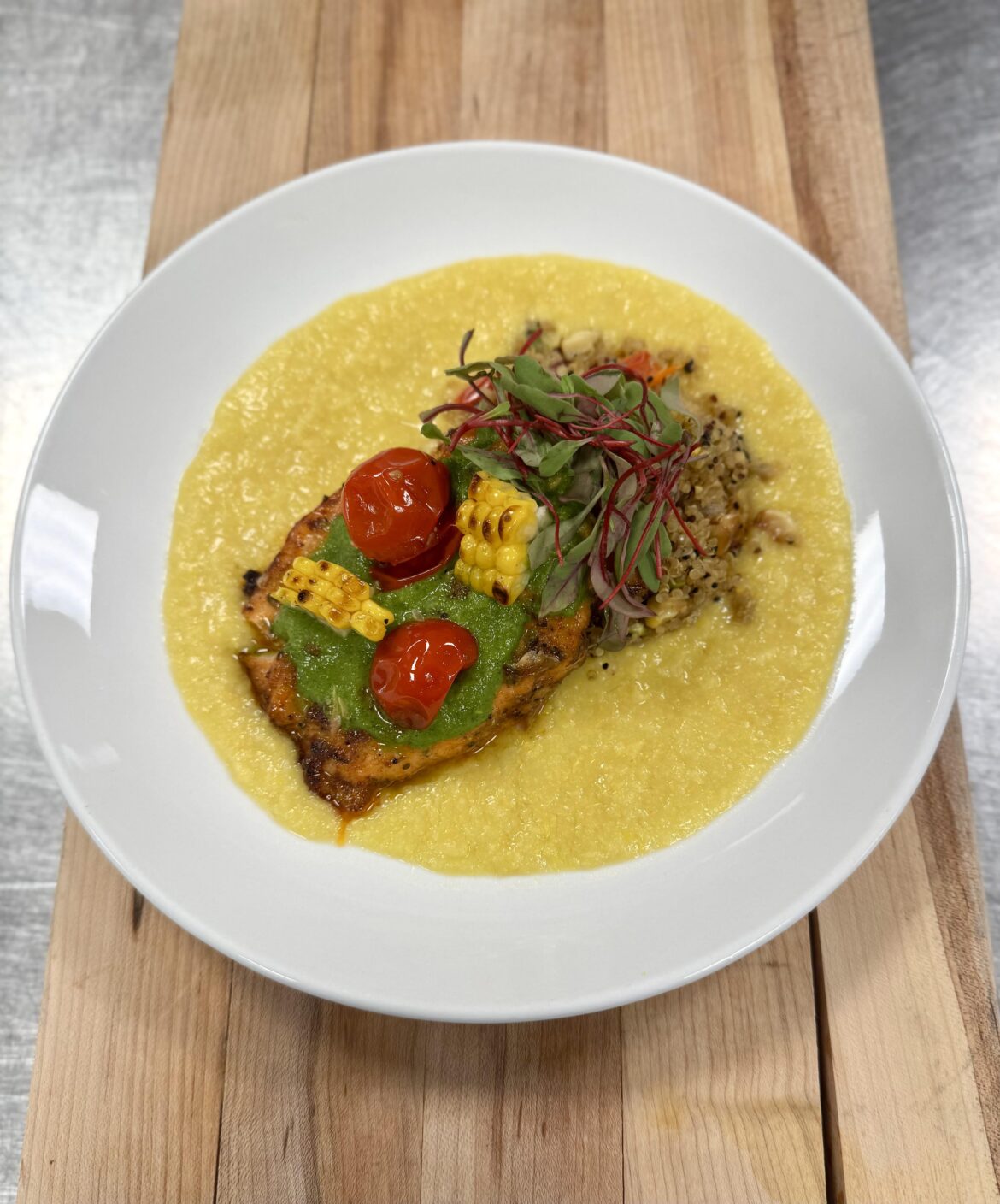 Roasted Salmon with Sweet Corn Puree, Quinoa, Summer Vegetables