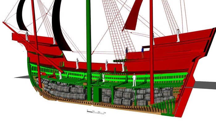 A view of a ship in the Age of Discovery carrying cargo of wine barrels. A digital reconstruction of the shipwrecked Newport Ship off the south coast of Wales around the 15th century. [Source = Newport Museum and Cultural Heritage Service]