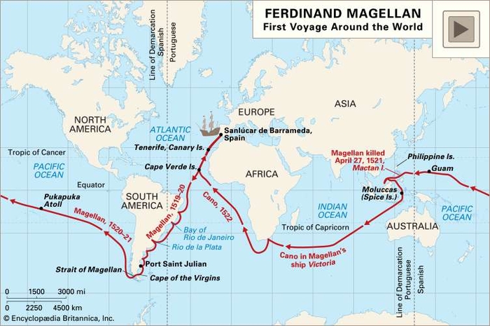 Magellan's round-the-world route was marked on the Mercador map. [Source = Encyclopedia Britannica]