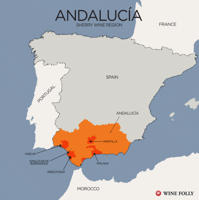 Spain's Sherry Production Area Map. The southernmost part is marked Herez and Cádiz. It is where Magellan set sail and Sherry's main producer. [출처=winefolly.com]
