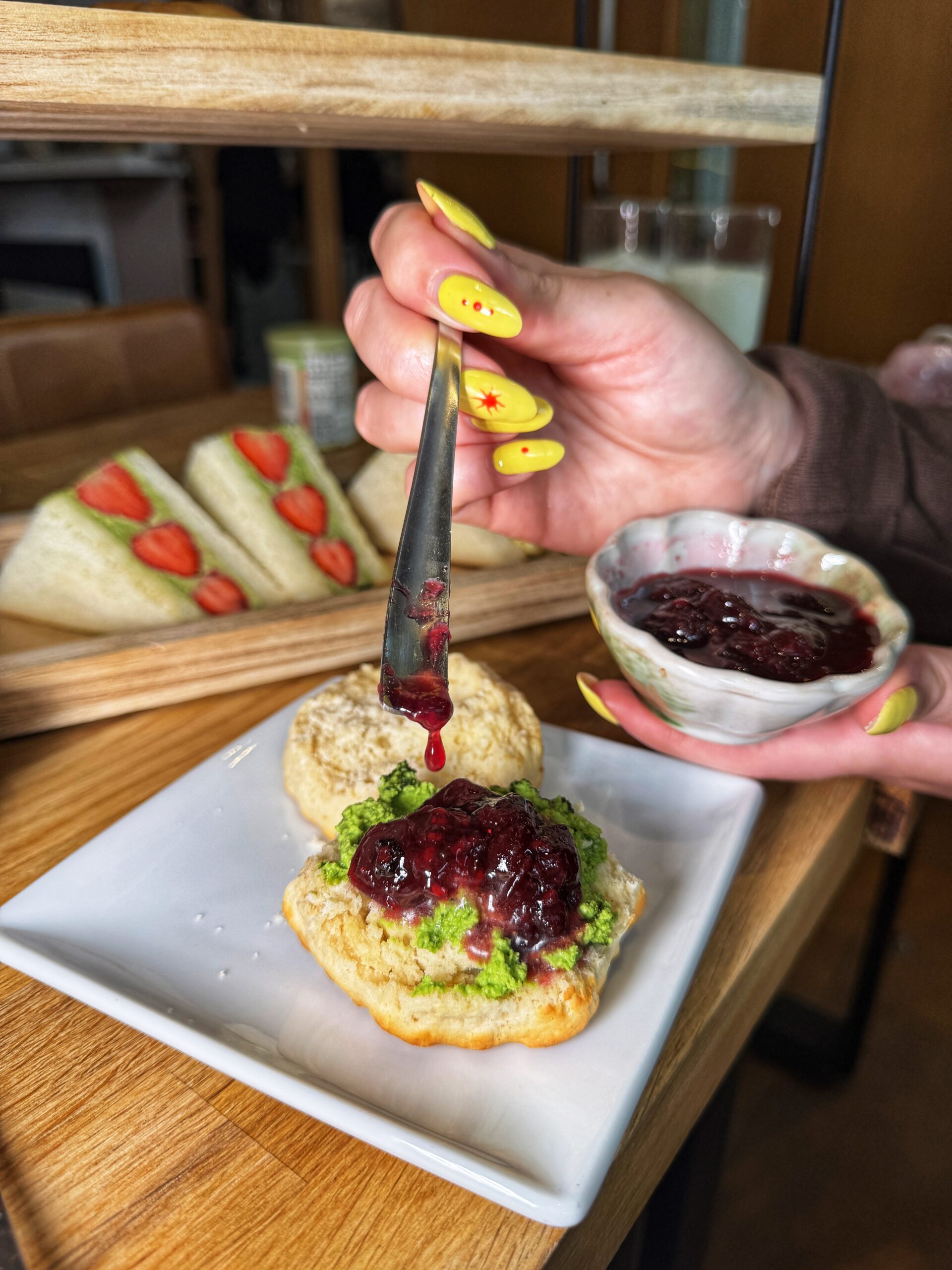 Scones with matcha cream and yuzu jam