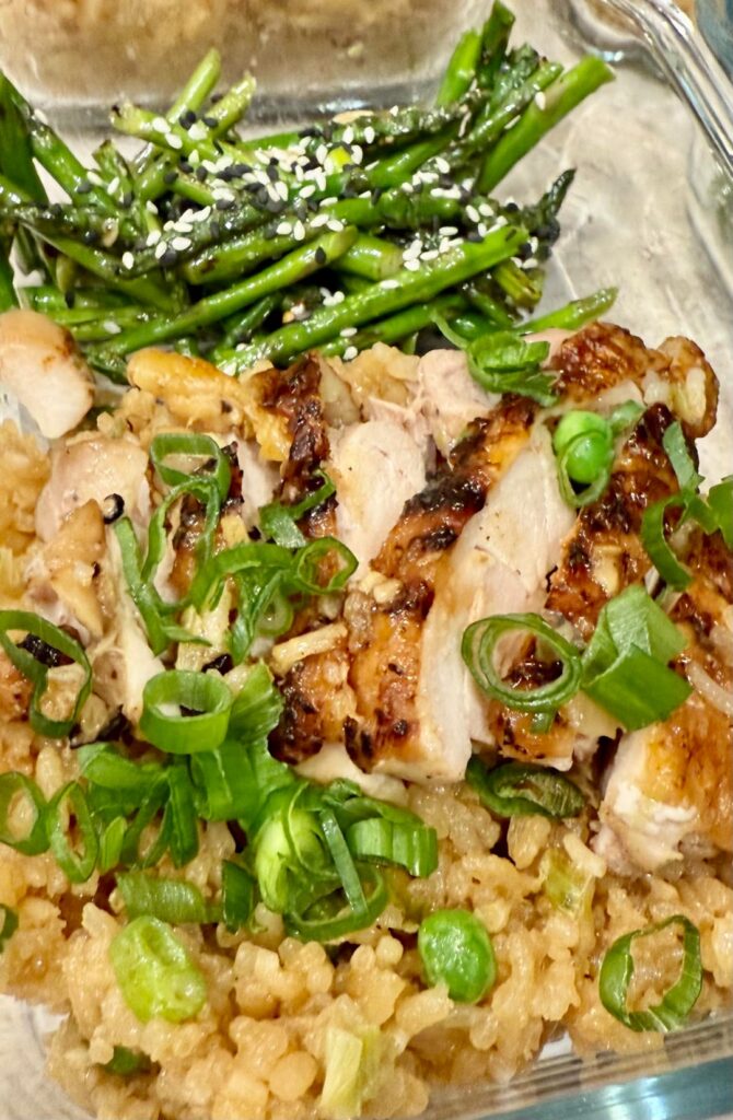 Miso Garlic Chicken Pot Rice with Garlic-Sesame Asparagus