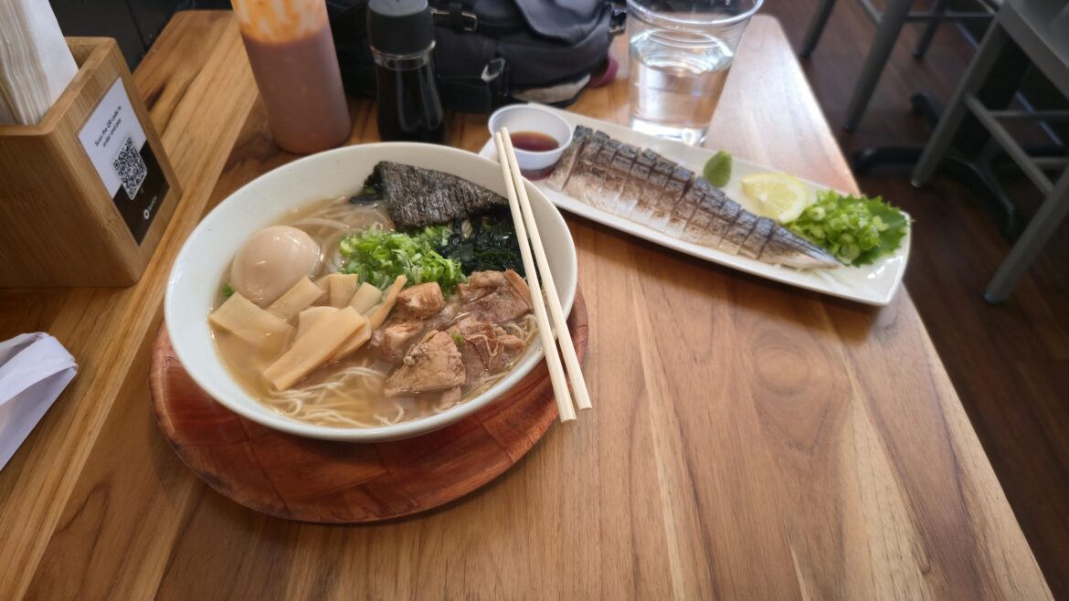 Yuzu shio ramen and mackerel sashimi app in San Jose, CA at Ramen Champ