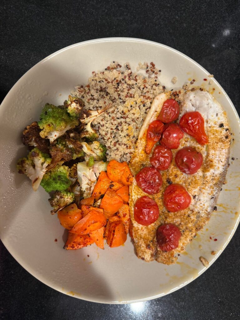 Lazy dinner: roasted veggies and barramundi with quinoa