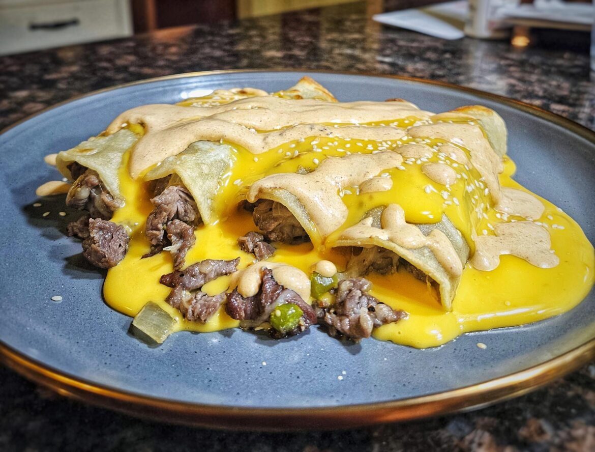 Cheesesteak enchiladas, because I'm high and you can't stop me.