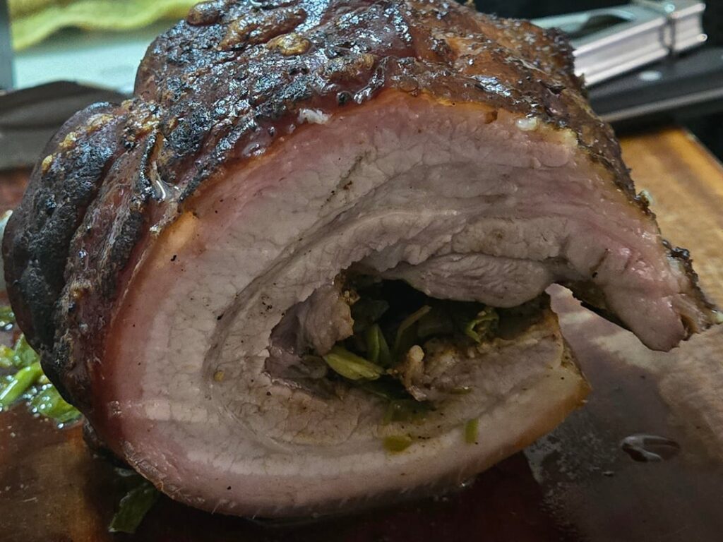 Smoked pork belly roll.