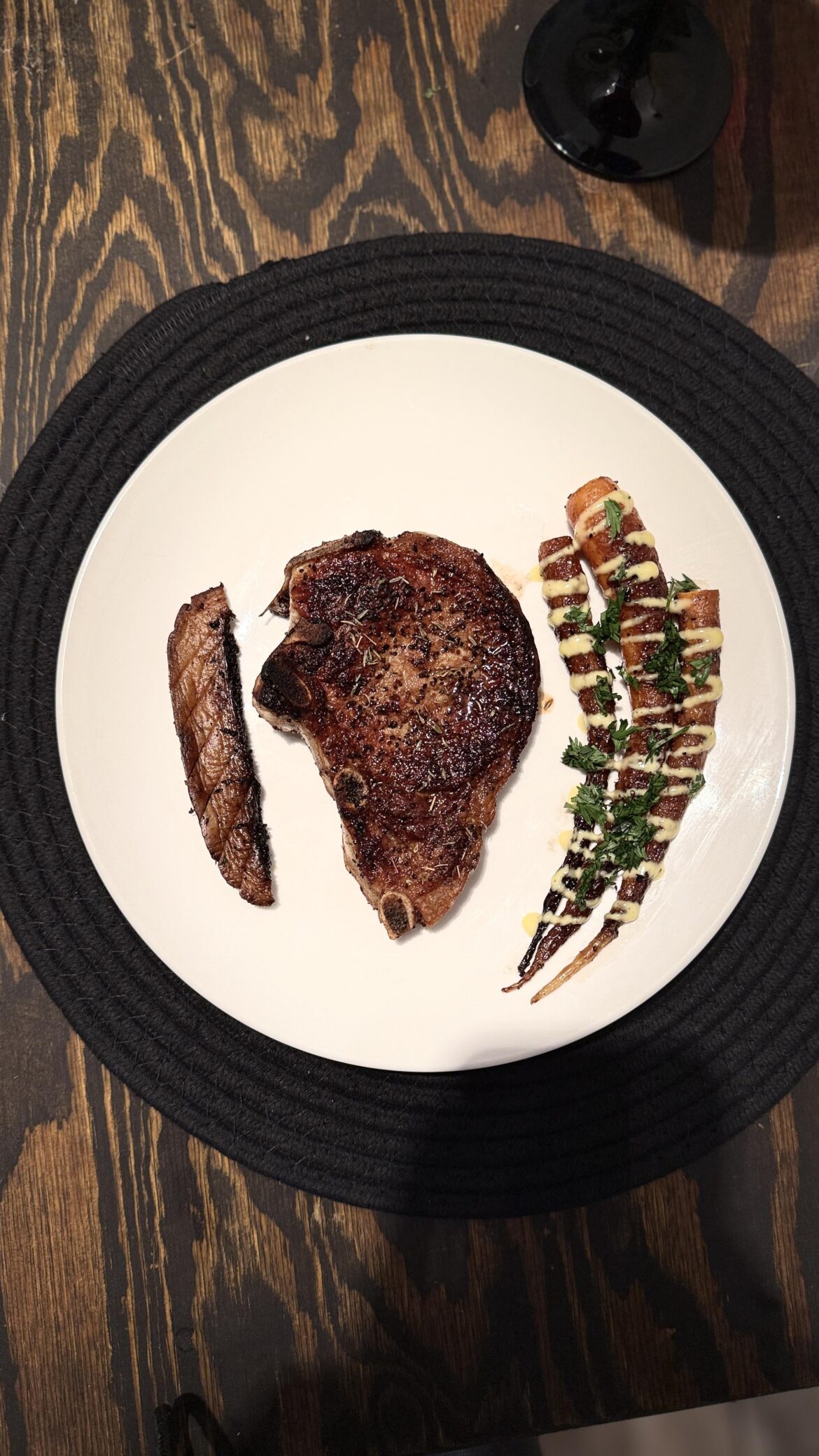 Candied Carrots with Pork Steak and a Portobello Mushroom