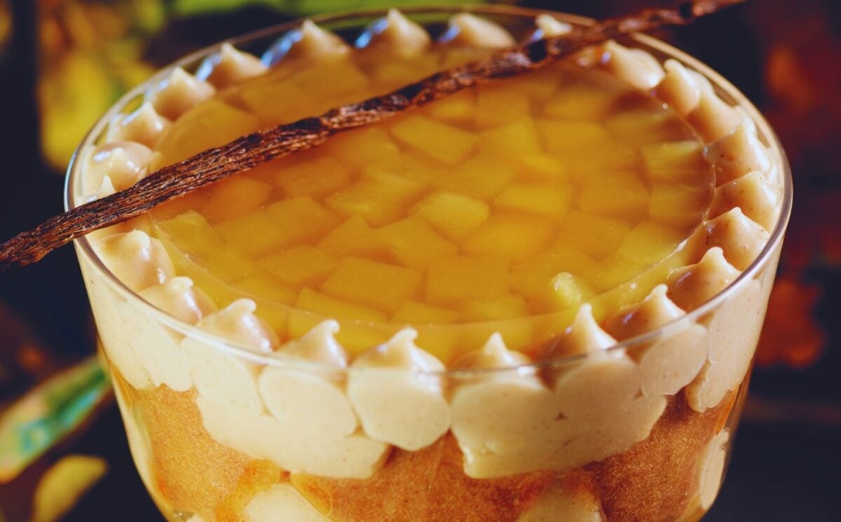 vegan trifle made with mulled cider, spices, apple, gingerbread, almond sponge, spiced custard, apple compote, and jelly