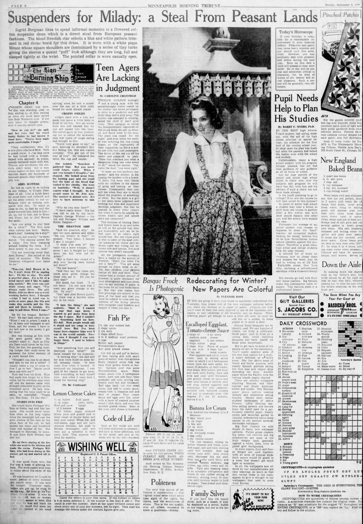 September 8, 1941: Lemon Cheese Cakes, Fish Pie, Escalloped Eggplant, Banana Ice Cream & New England Baked Beans