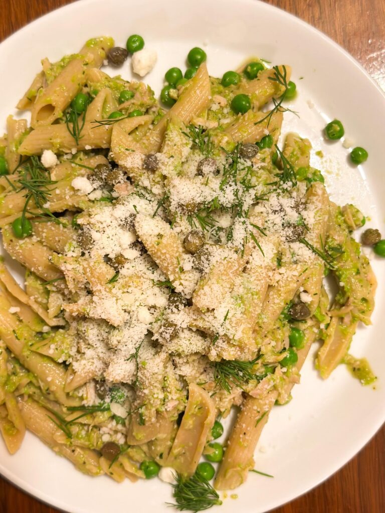 Green Pea Pesto Tuna Pasta with Olives and Dill by Erica Turner from Cook’s Illustrated, May/June 2025.