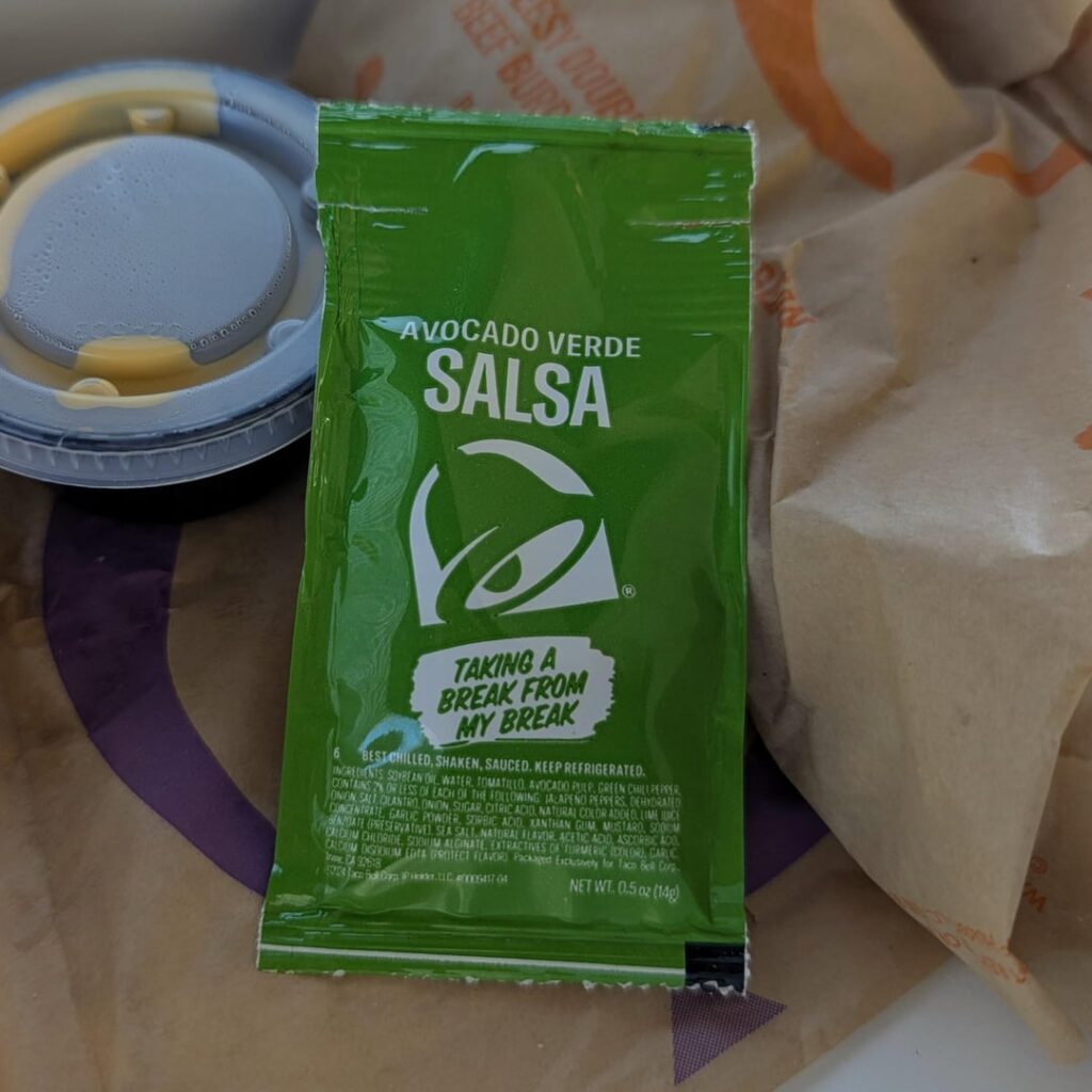 Taco Bell Avocado Verde Salsa – not worth the 20 cents they charge for it Taco Bell Avocado Verde Salsa - not worth the 20 cents they charge for it