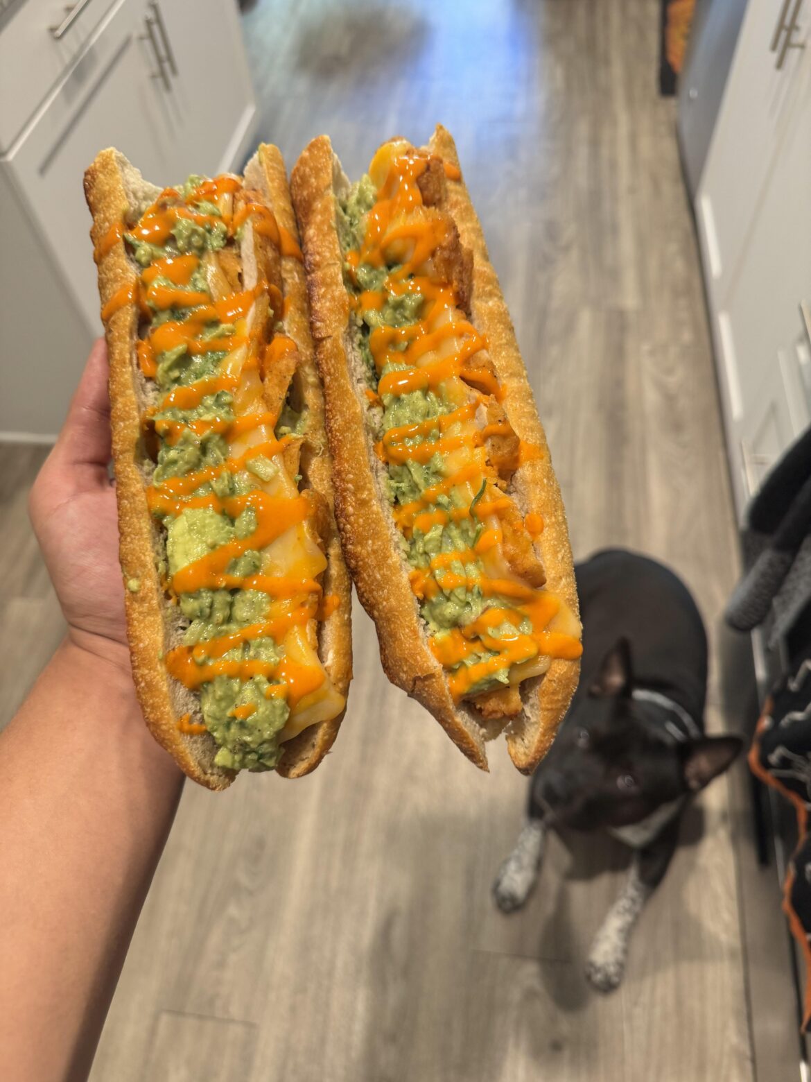 Chicken tenders, cheese, guac and buffalo sauce