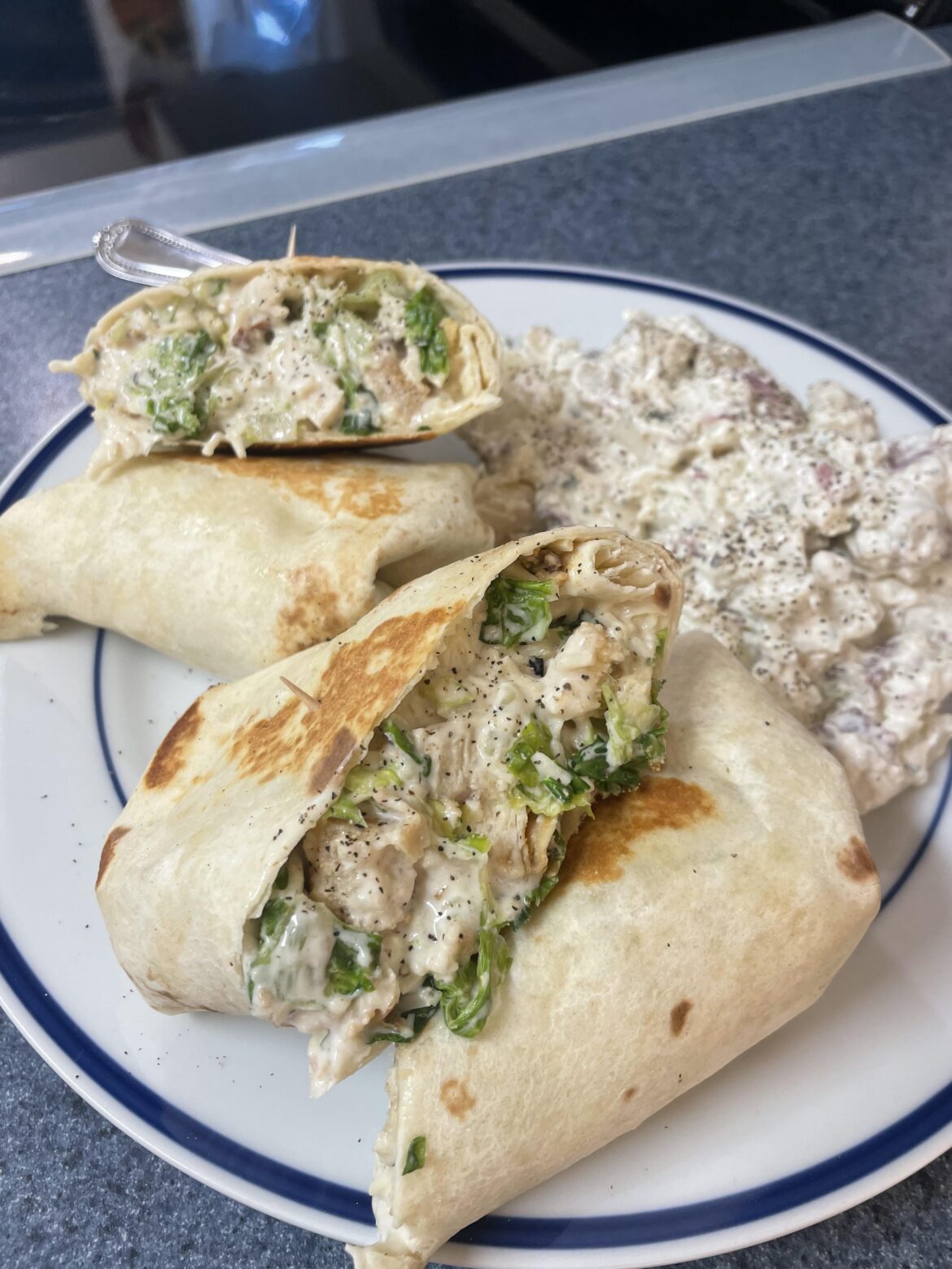 [Homemade] Creamy Chicken Caesar salad wraps w/ Red Skin Potato Salad