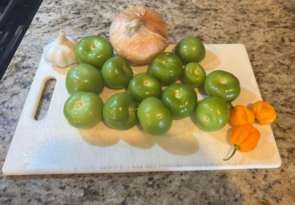 Roasted tomatillo and Scotch Bonnet salsa. Roasted tomatillo and Scotch Bonnet salsa.