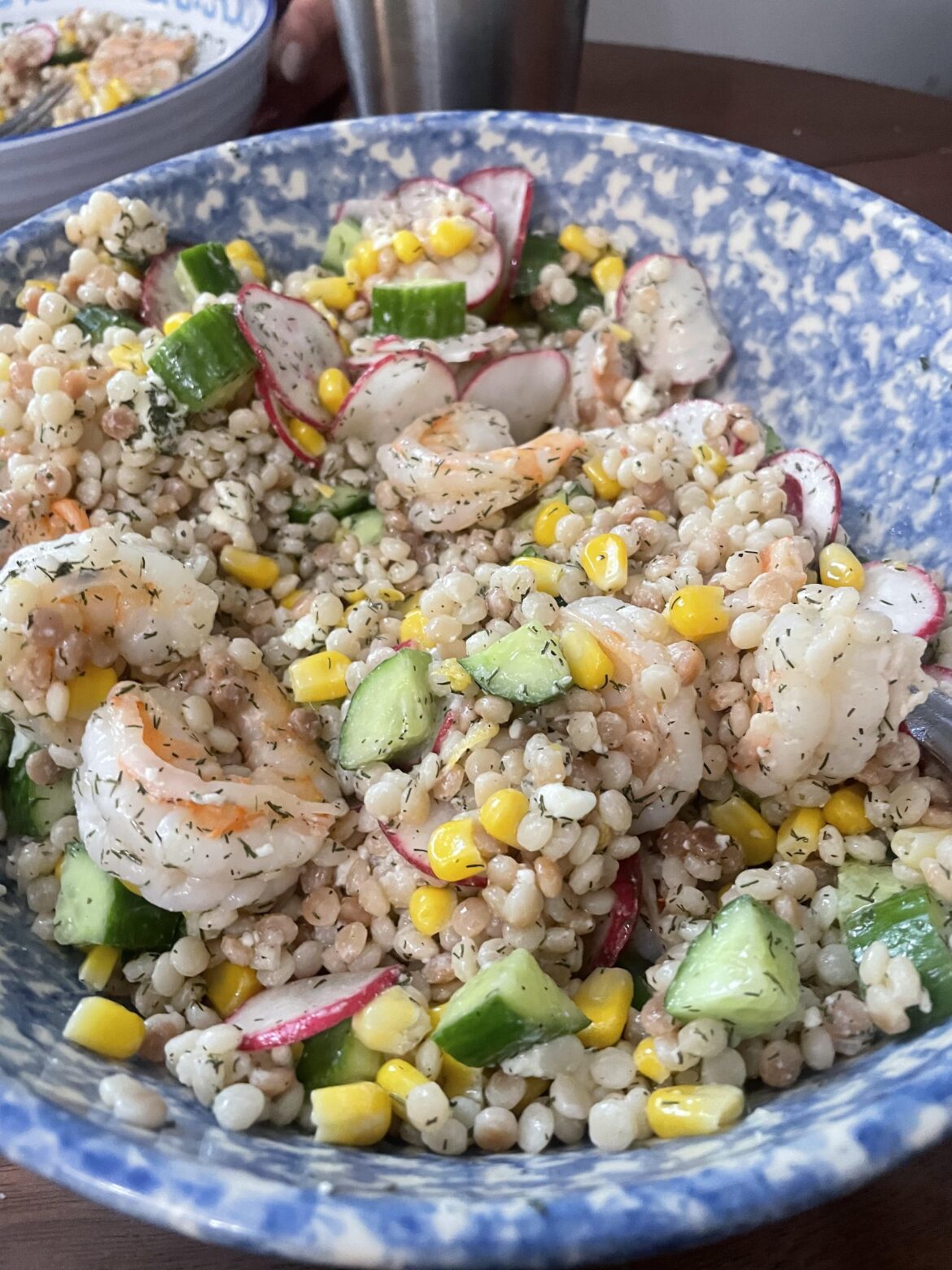 Pearl couscous salad with shrimp and feta