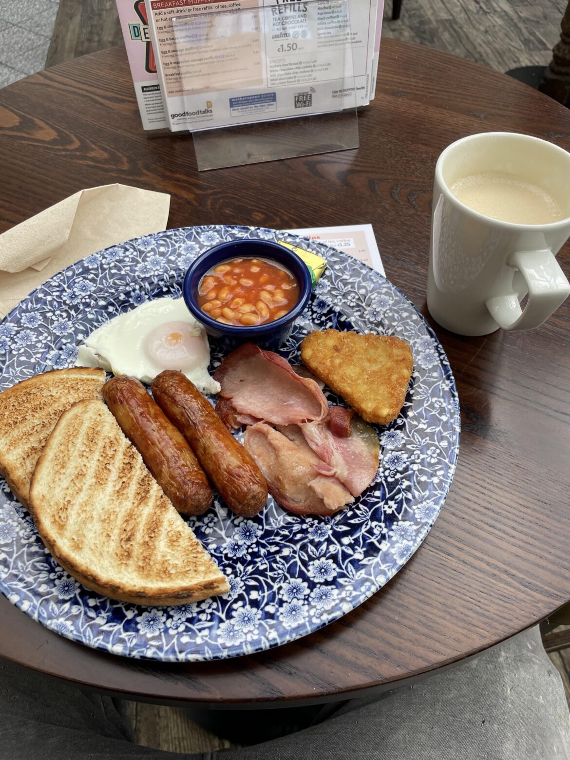 €6.20 w/ free cappuccino refills.. Weatherspoons Camden Street