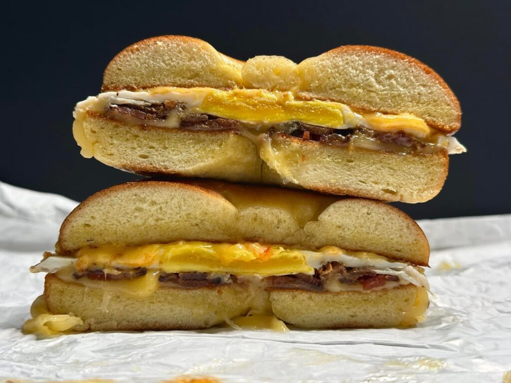 Bacon, egg, and cheese on a homemade bagel