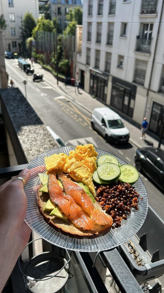 Avocado Toast with Smoked Salmon, Scrambled Eggs, Cucumber, and Lentils