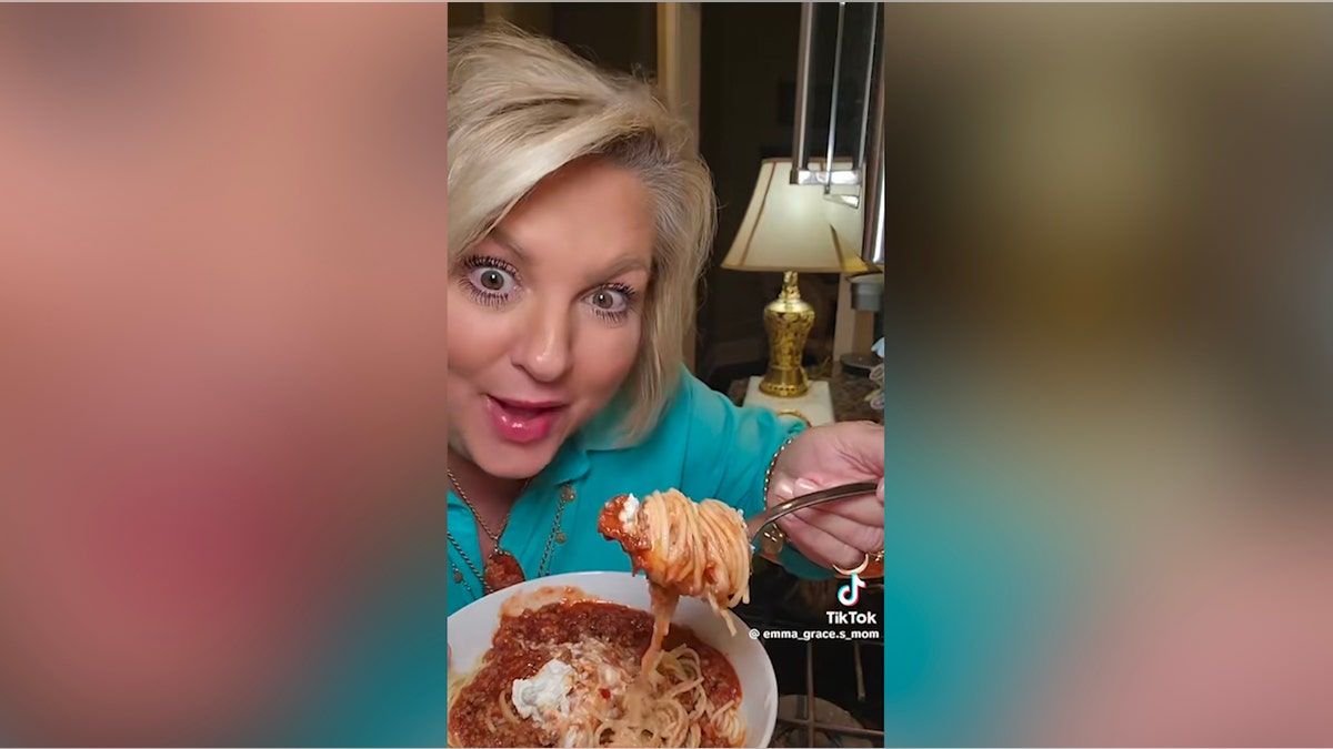 Screenshot of Sabrina Burke eating viral spaghetti from video on TikTok.