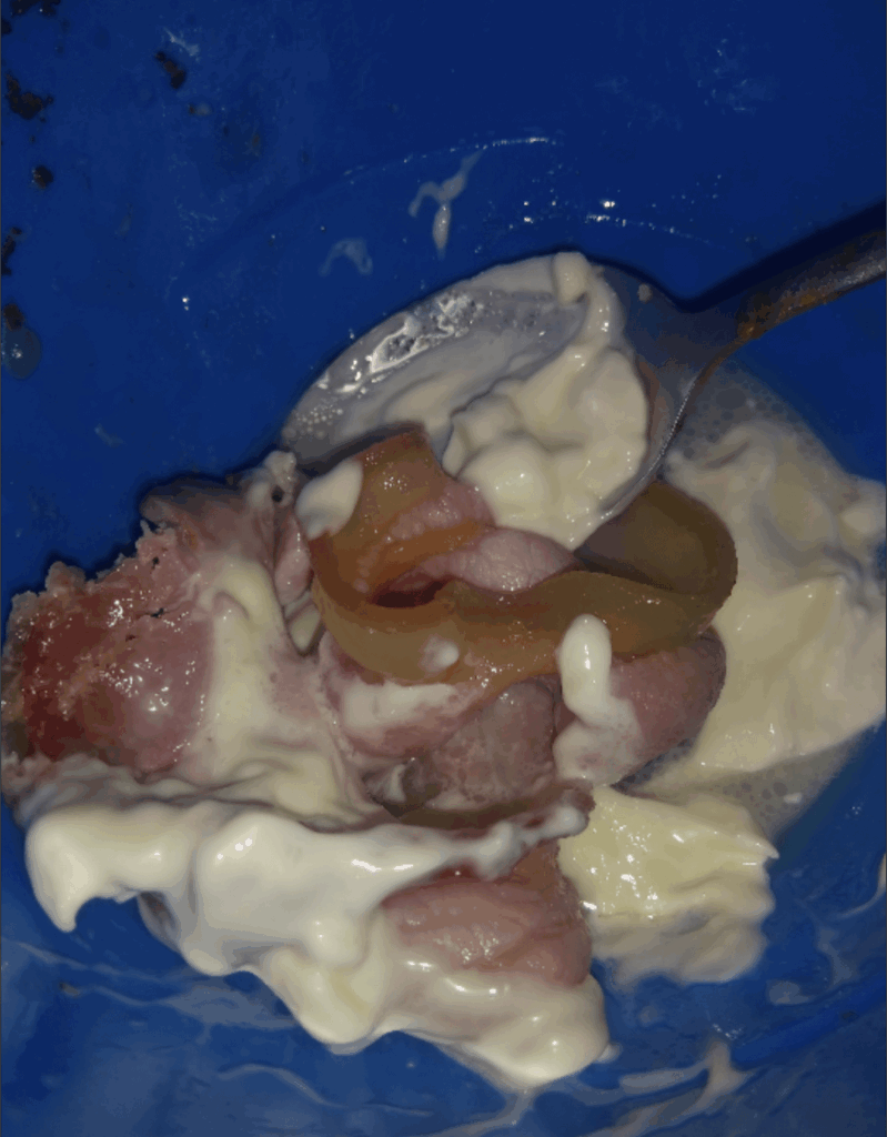 Microwaved bacon with a bit of mayonnaise