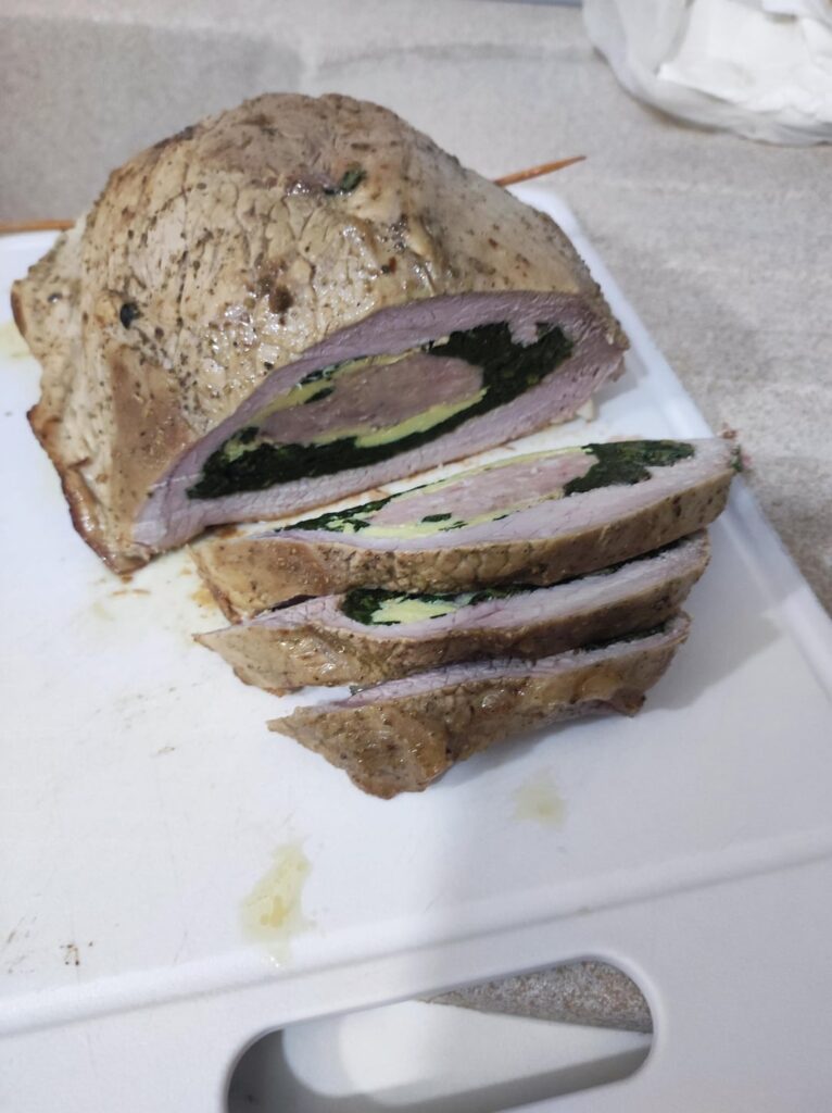 Italian "Punta ripiena": veal meat stuffed with omelette, spinach and sausage.