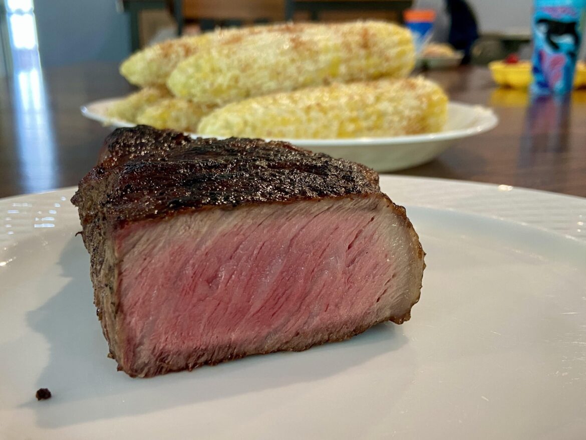 A perfectly cooked NY strip
