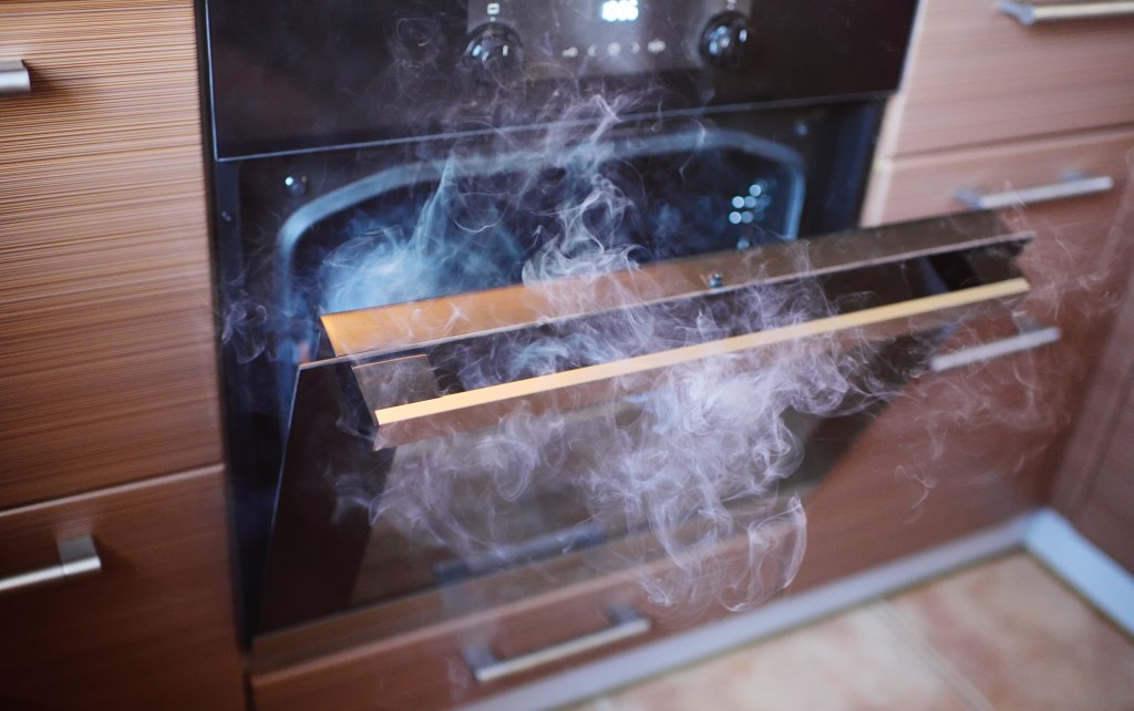 Smoke billowing from an oven door.