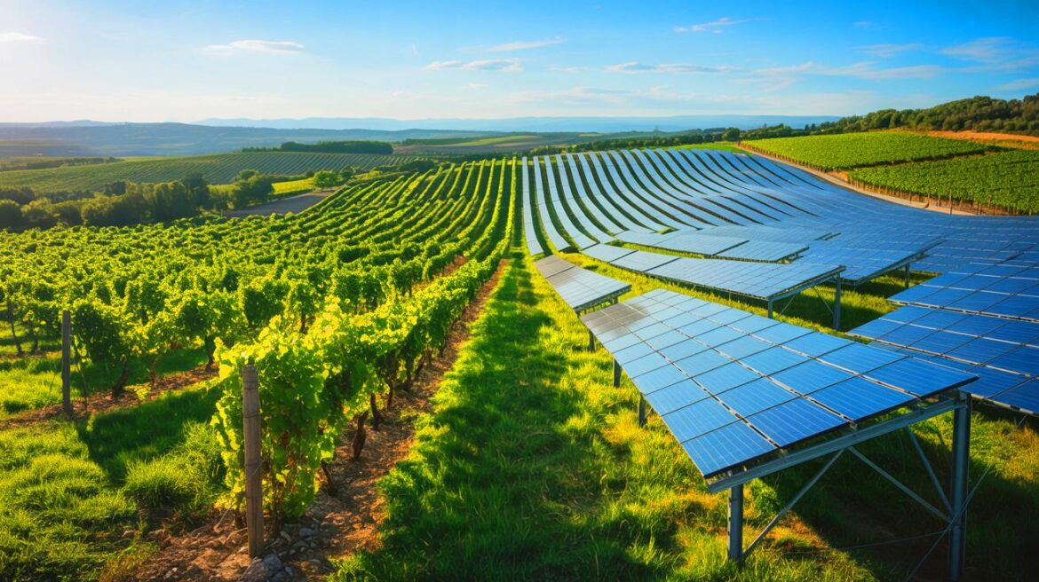 Italian Vineyard’s Solar Revolution Saves Twenty Percent Water While Boosting Premium Quality Illustration of solar panels integrated into a vineyard in Puglia, Italy, enhancing wine production through agrivoltaics.
