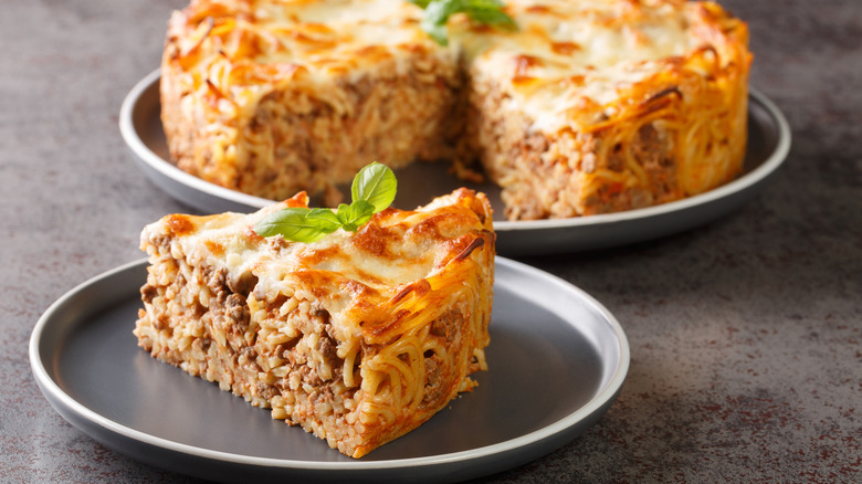 Slice of spaghetti pie with ground beef