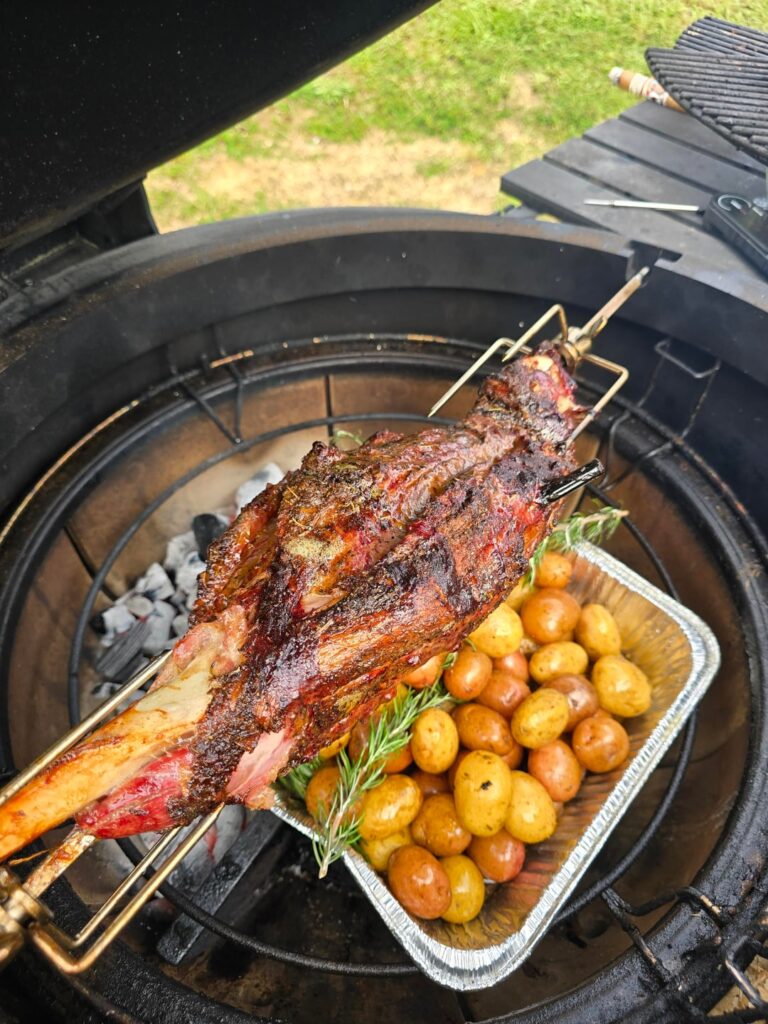 Can't beat bone in lamb on rotiserie with baked potatoes and home made garlic ranch