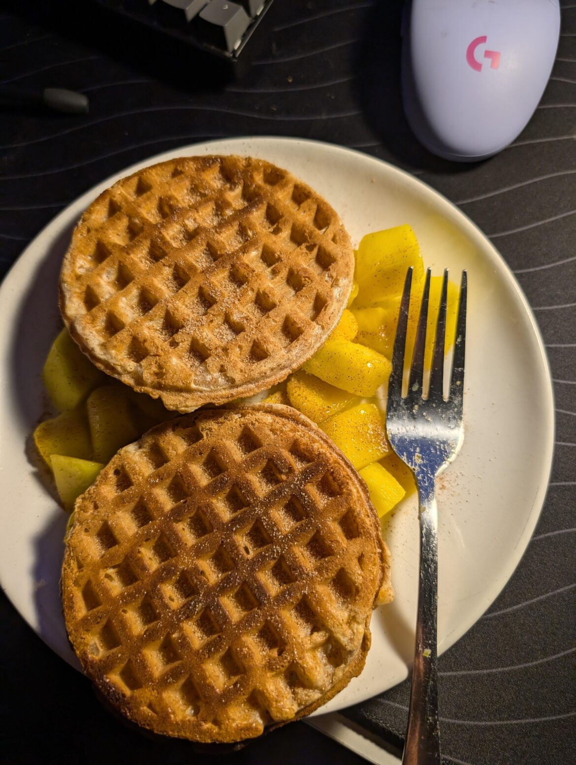 Waffles & mango w/ Cinnamon sugar (surprisingly awesome)