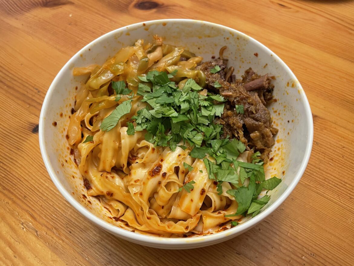 Noodles with zha cai and leftover beef rendang