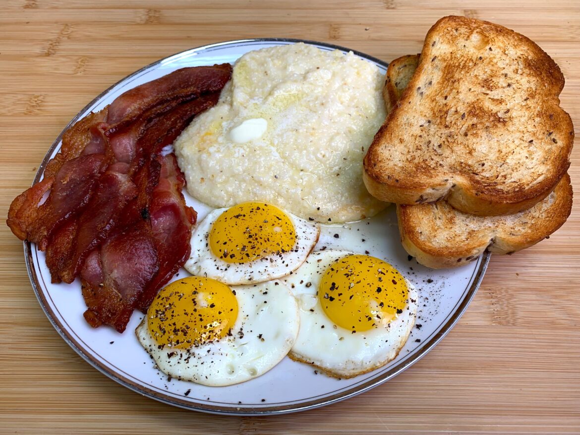 Bacon and Eggs with Cheese Grits and Rye Broiler Toast