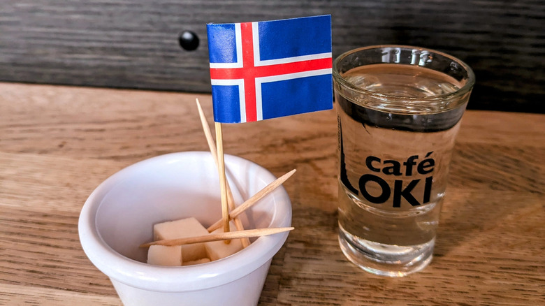 Cubed hákarl with a mini Icelandic flag next to a shot of vodka on a wood table
