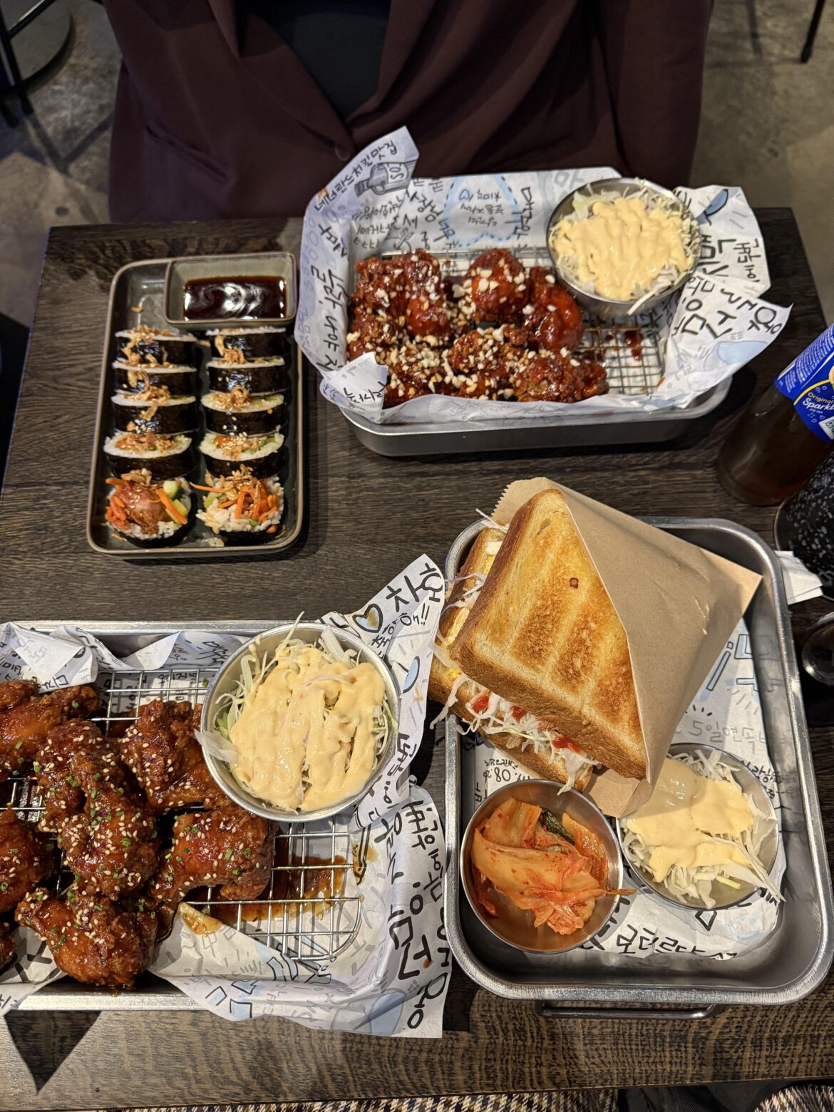 Korean fried chicken (sweet chili& garlic) + bulgogi toast+ gimbap (shared dinner)