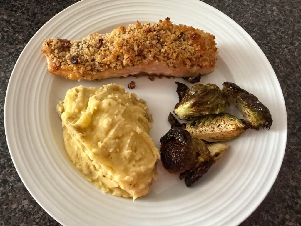 Smokey Mustard Pecan Crusted Salmon with Brussels Sprouts. Review Below ⬇️