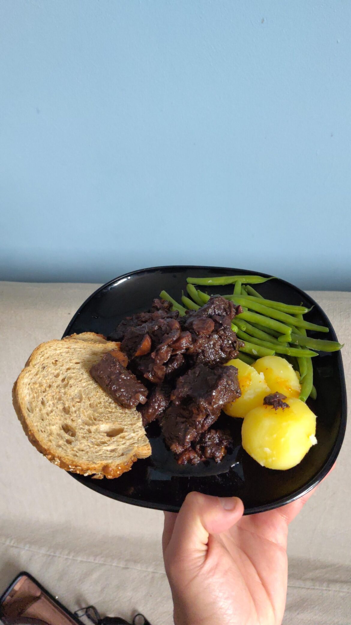 Beef stew and steamed vegetables